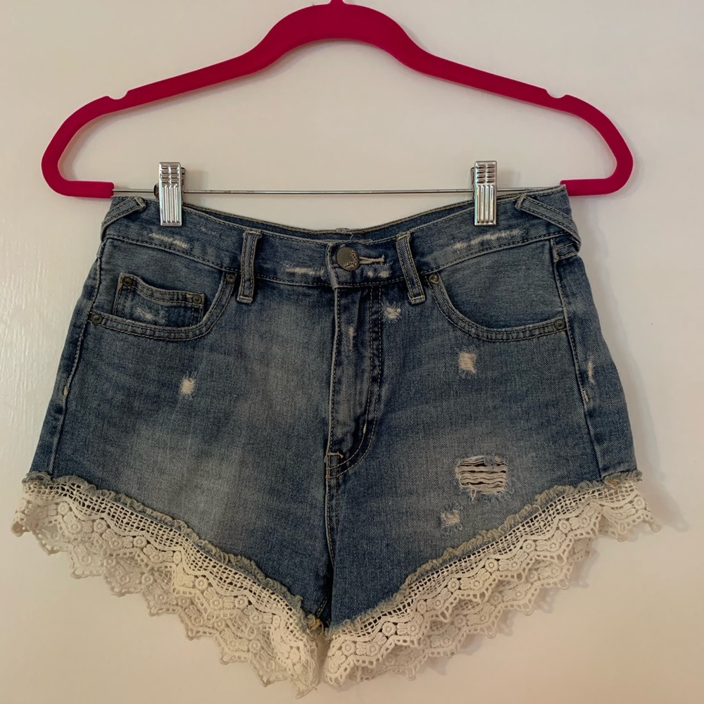 Free People Denim Shorts with Lace Trim